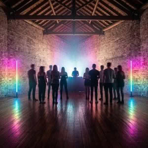 Four Chauvet Freedom Flex Stick uplights in a venue - illustration